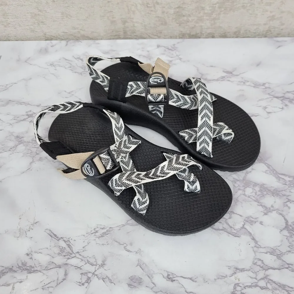 Chaco Women's Black Sandals with White Chevron Straps and Tan Accent